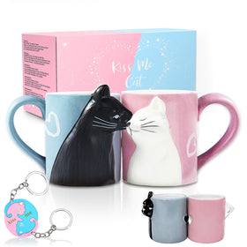 BigNoseDeer kissing cat mug set shown front view, ideal for couples' morning coffee ritual.