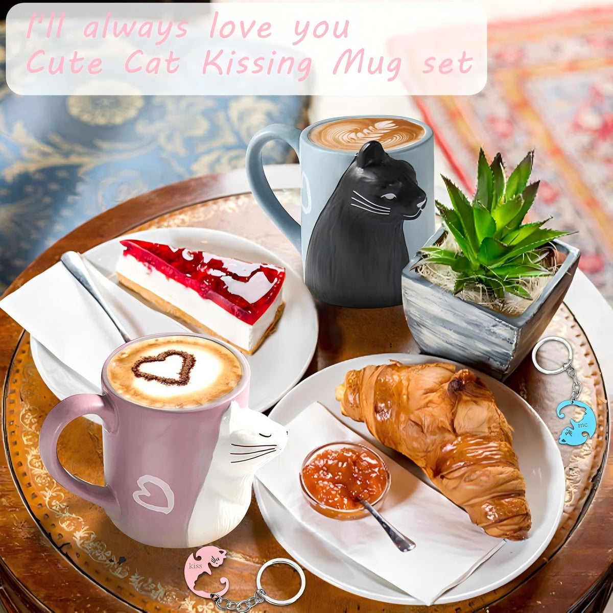 BigNoseDeer kissing cat mug set close-up handle, comfortable grip for everyday use.