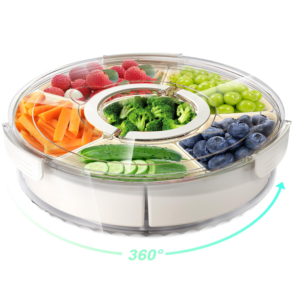 BigPonPon divided rotating tray with lid and handle shows six snack compartments