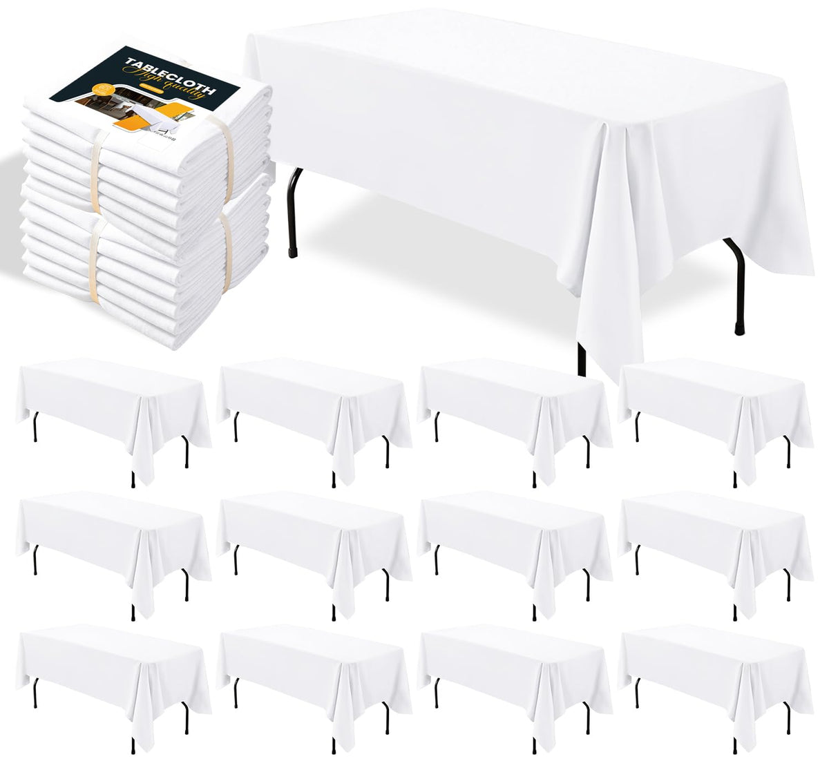 BIGTONE 12-pack white rectangle tablecloth on a 6 ft table for elegant events.