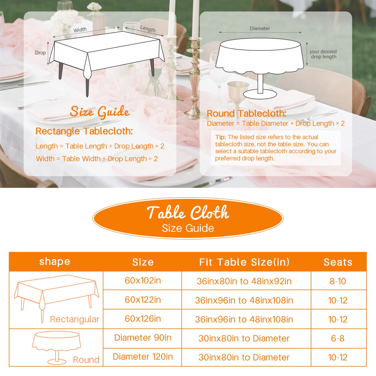BIGTONE 6 ft tablecloth fully covers a standard banquet table.