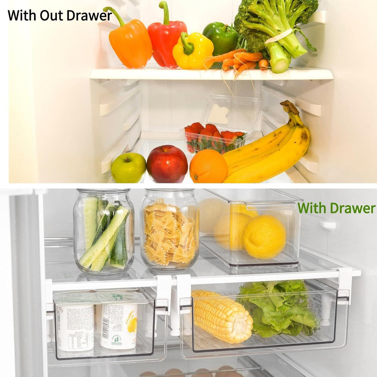 BIINONE large fridge drawer interior full-capacity view highlighting generous storage