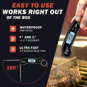 Biison thermometer backlit screen aids reading in dim light for outdoor cooking.