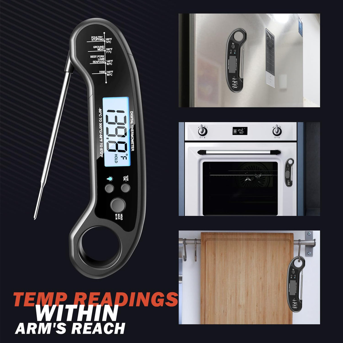 Biison magnetic storage keeps thermometer handy on fridge or grill.