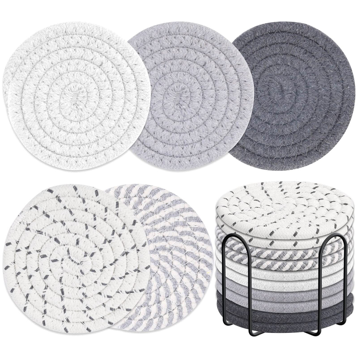 Billbotk coasters with holder, absorbent woven design protects surfaces.