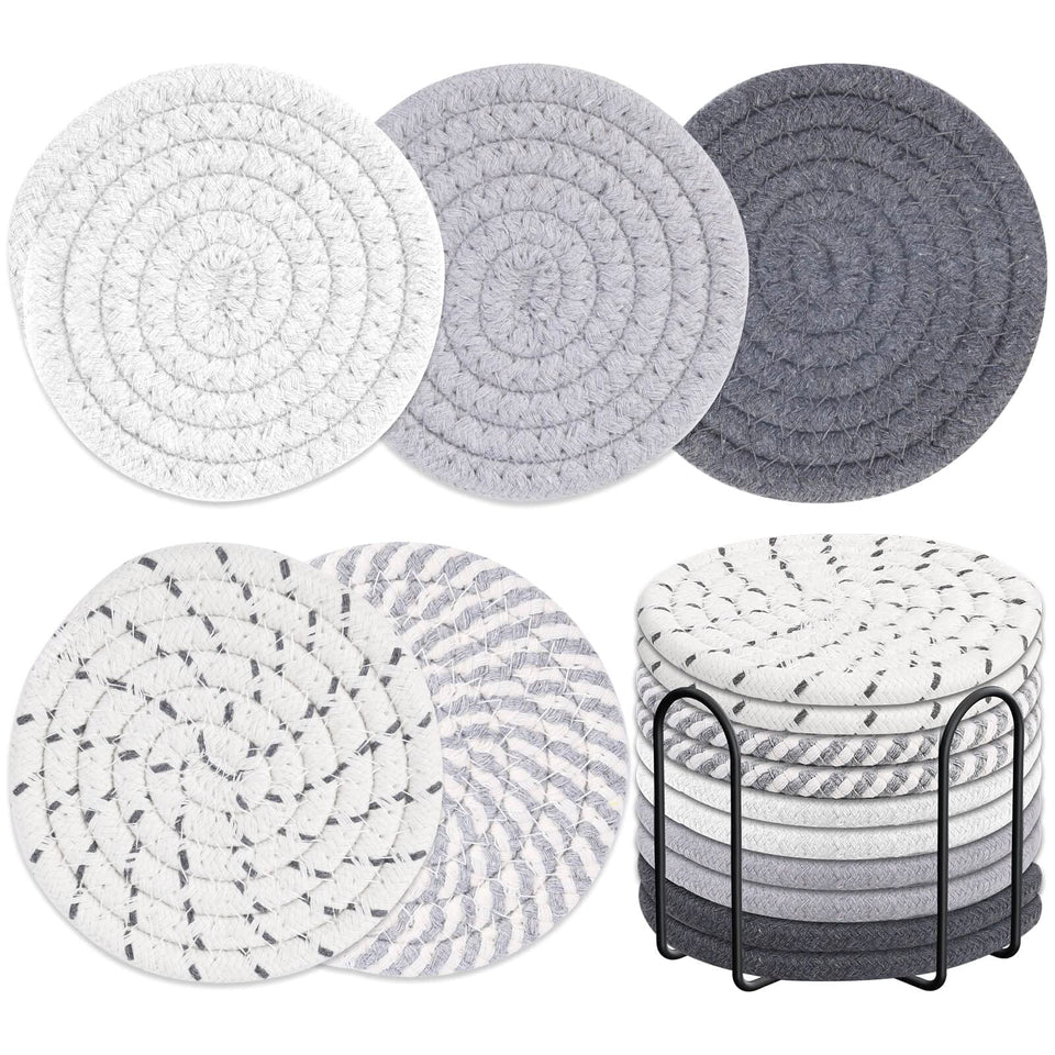 Billbotk coasters with holder, absorbent woven design protects surfaces.