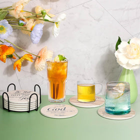 Billbotk coaster set with metal holder keeps surfaces organized