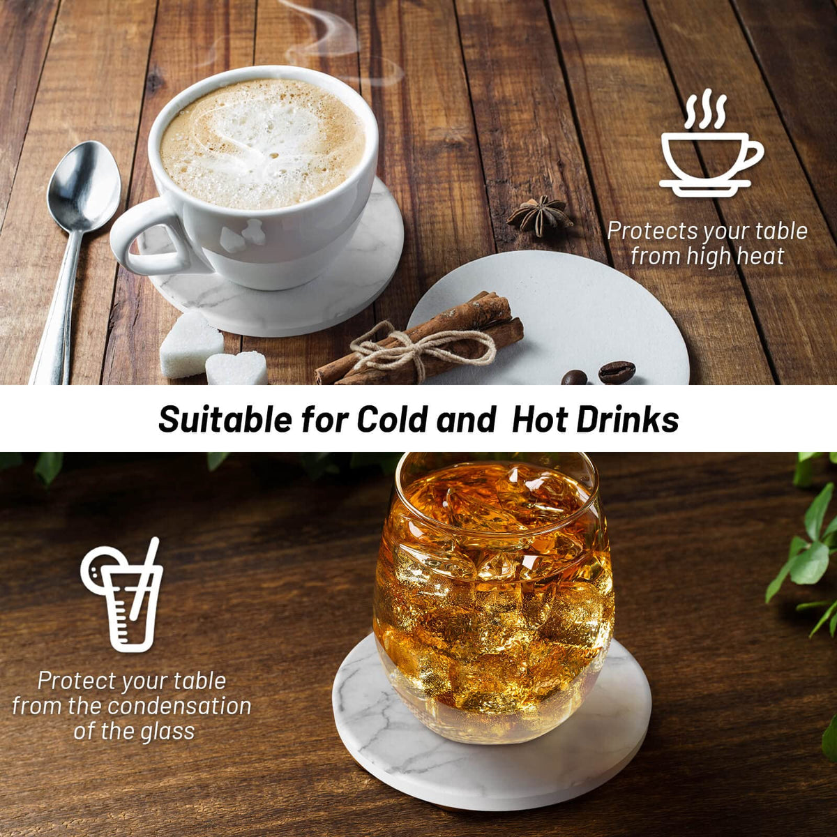 Billbotk marble-style coasters enhance kitchen and living spaces.