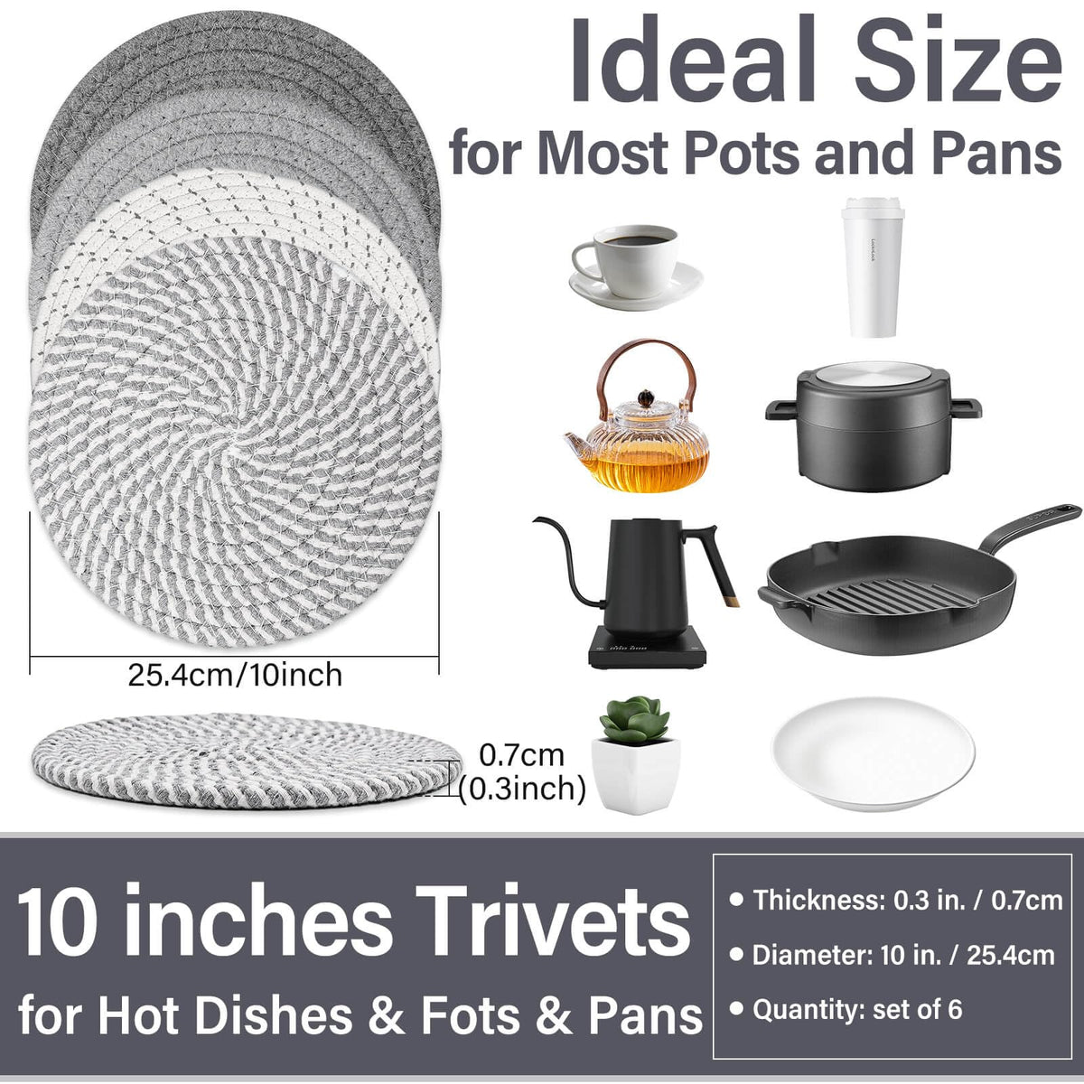 Billbotk cotton rope trivets shown absorbing moisture while lifting hot items safely.
