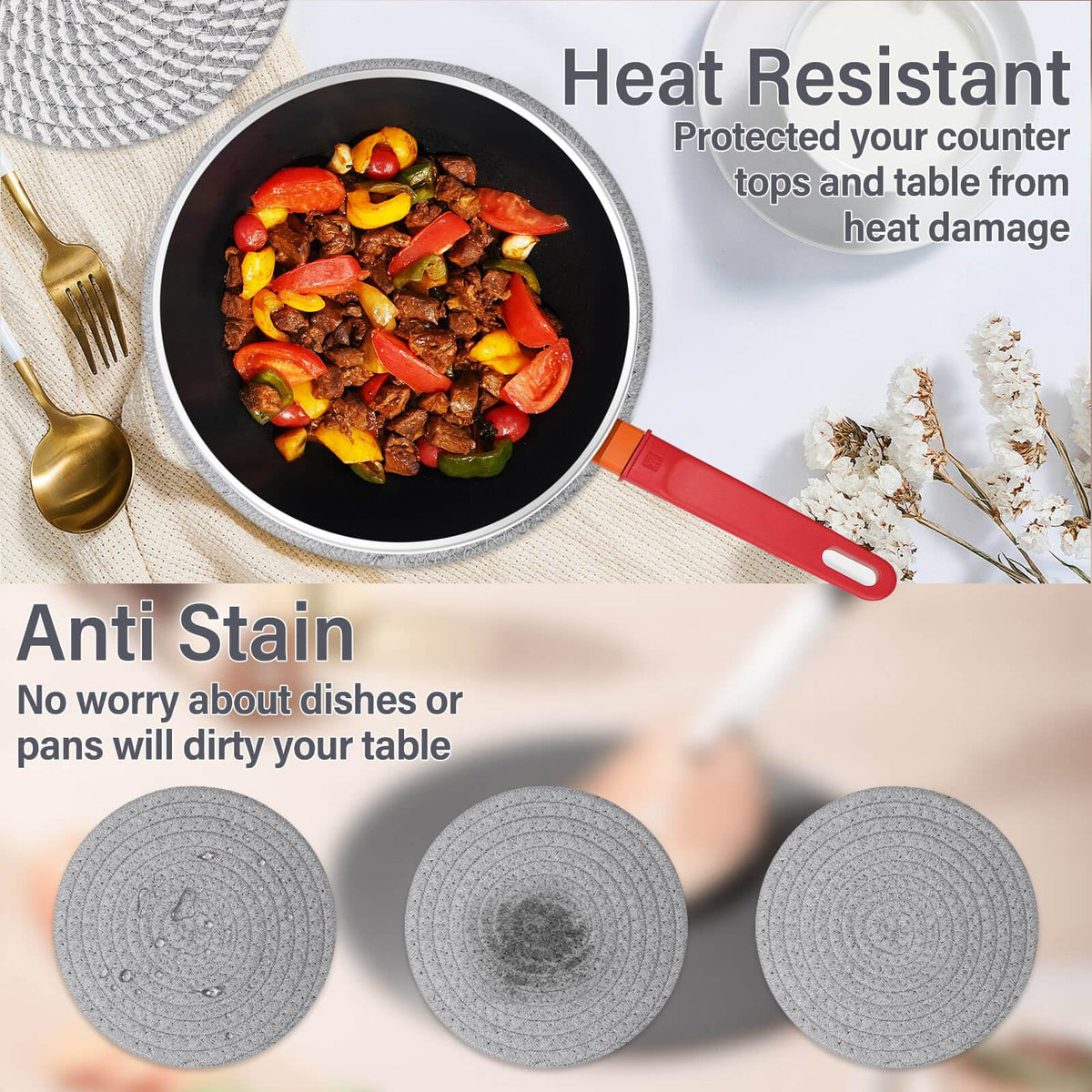 Billbotk farmhouse boho trivets styled as rustic kitchen decor.
