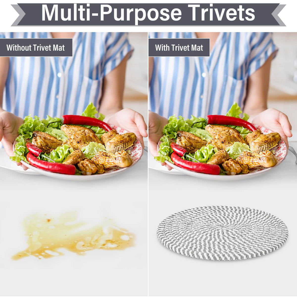 Billbotk 10-inch trivets shown as vase mats on a dining table.