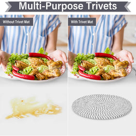 Billbotk 10-inch trivets shown as vase mats on a dining table.