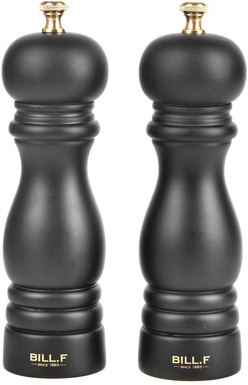 billf salt and pepper grinder set in acacia wood for table-ready seasoning.