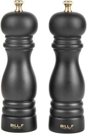 billf salt and pepper grinder set in acacia wood for table-ready seasoning.