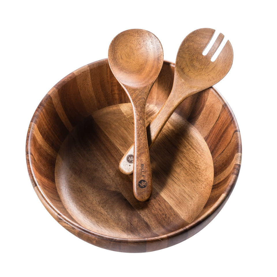BillF 12-inch wooden salad bowl highlights natural acacia grain for elegant salads.