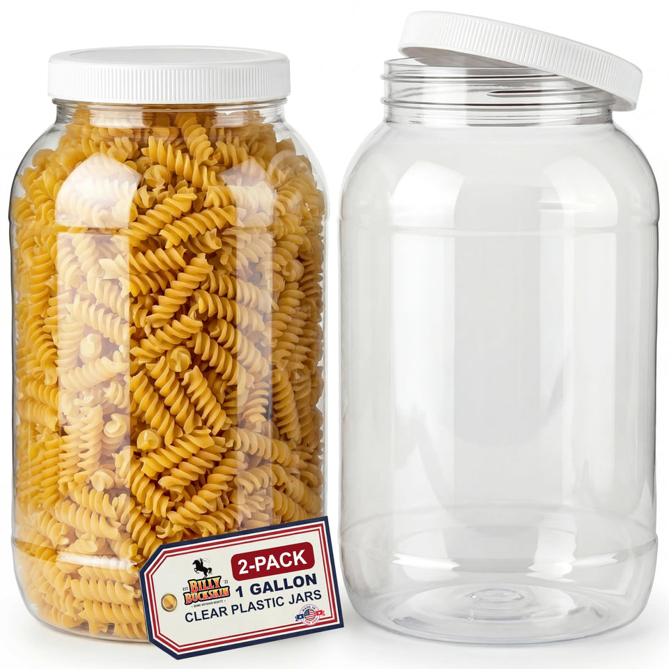 Billy Buckskin 1-gallon jar with lid shows clear visibility for pantry organization.