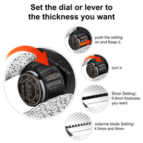 -BINGBING- Mandoline Slicer includes gloves and hand guard for safer handling.