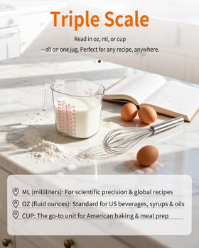 BINGBING measuring cups feature clear ml and oz markings for quick measuring.