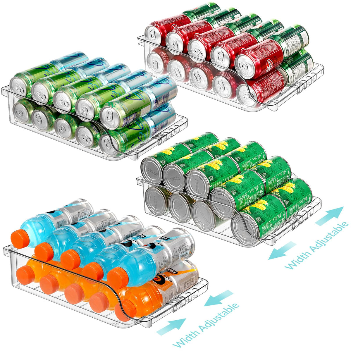 BingoHive 4-pack can organizer, front view, adjustable width ideal for fridge organization.