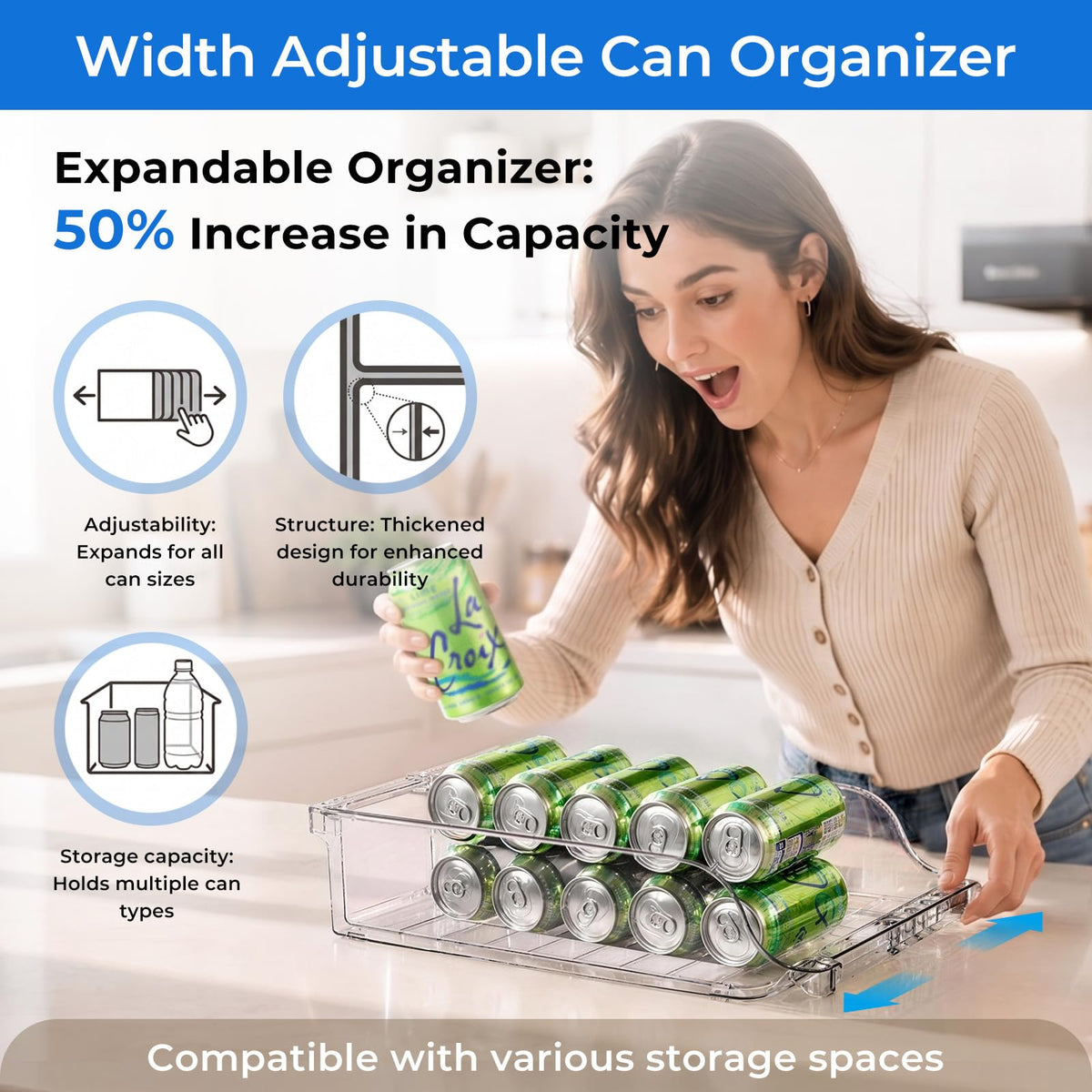BingoHive 4-pack can organizer in fridge helps keep beverages neatly sorted.