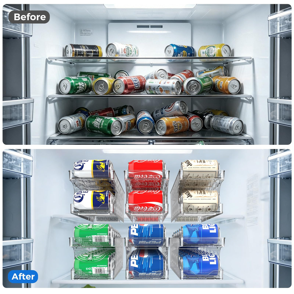 BingoHive rolling soda can organizer on refrigerator shelf