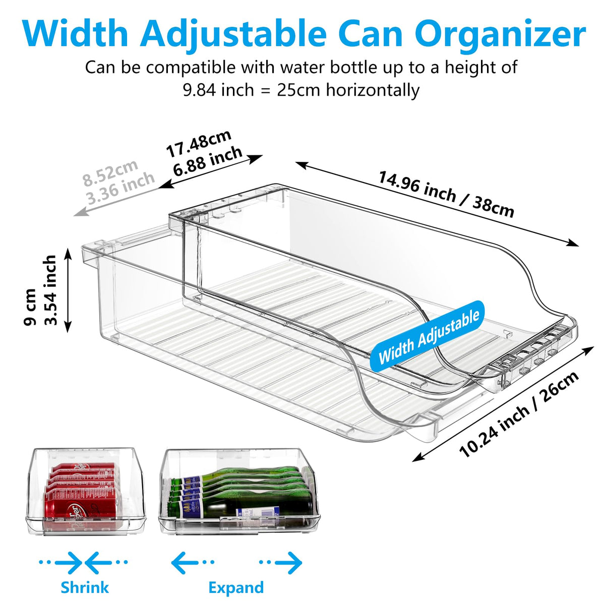 BingoHive width-adjustable can organizer fits most shelves for flexible storage.