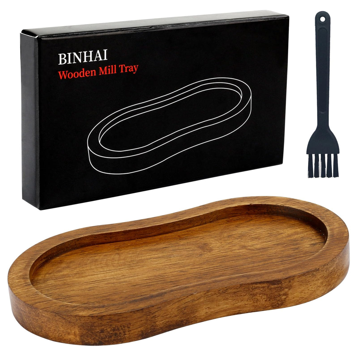 BINHAI salt and pepper mill tray in natural wood protects surfaces and adds warmth.