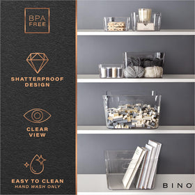 BINO bathroom organization bin transparent to declutter countertops.