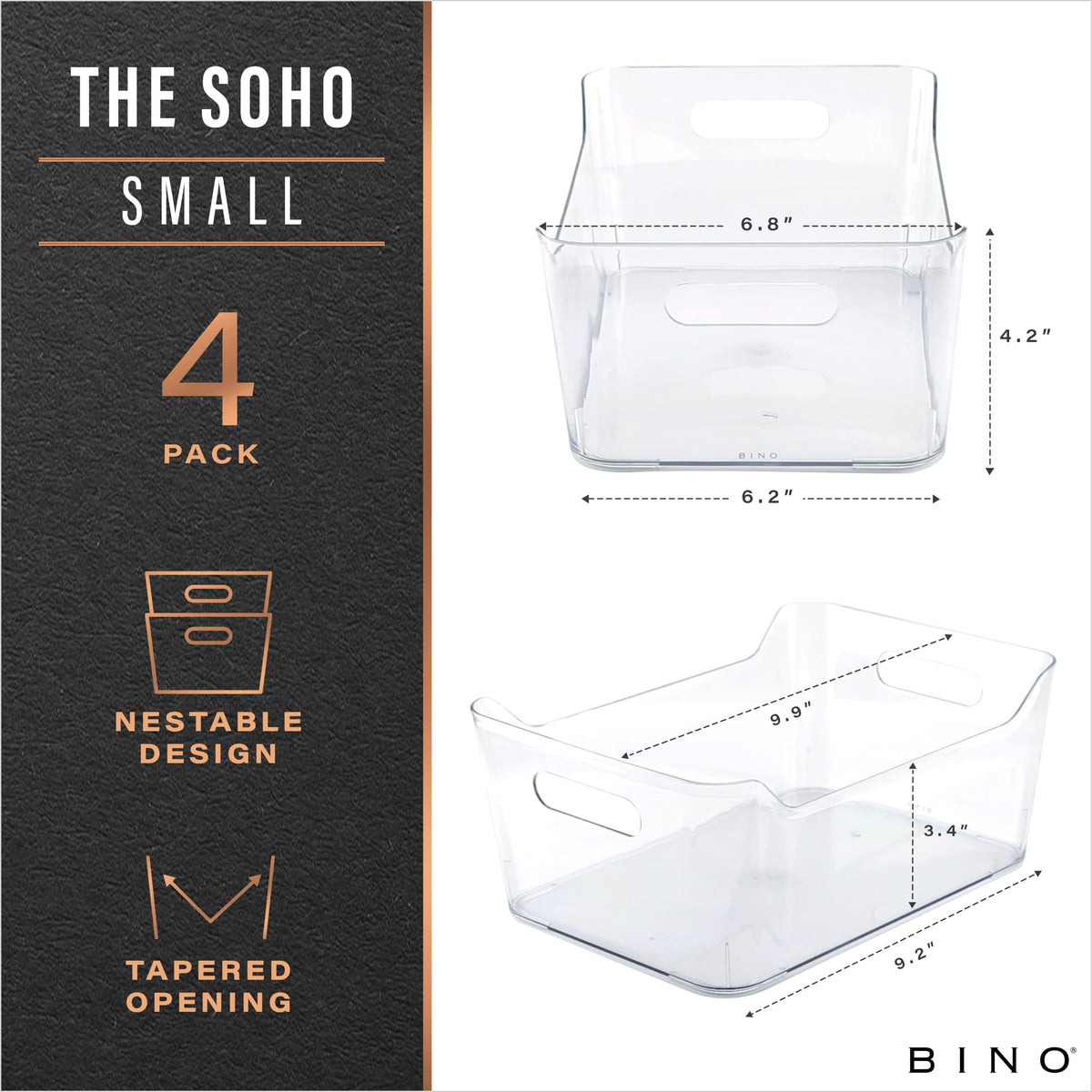 BINO clear multiuse bin in a 4-pack for shelves and drawers.