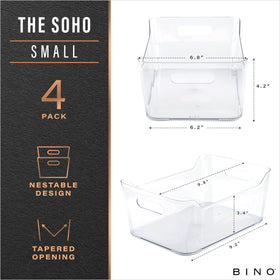 BINO clear multiuse bin in a 4-pack for shelves and drawers.