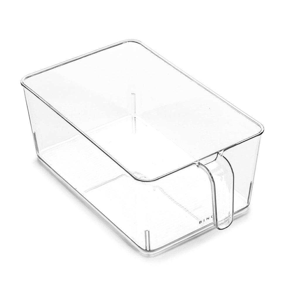 BINO clear storage organizer with large handles for easy access.