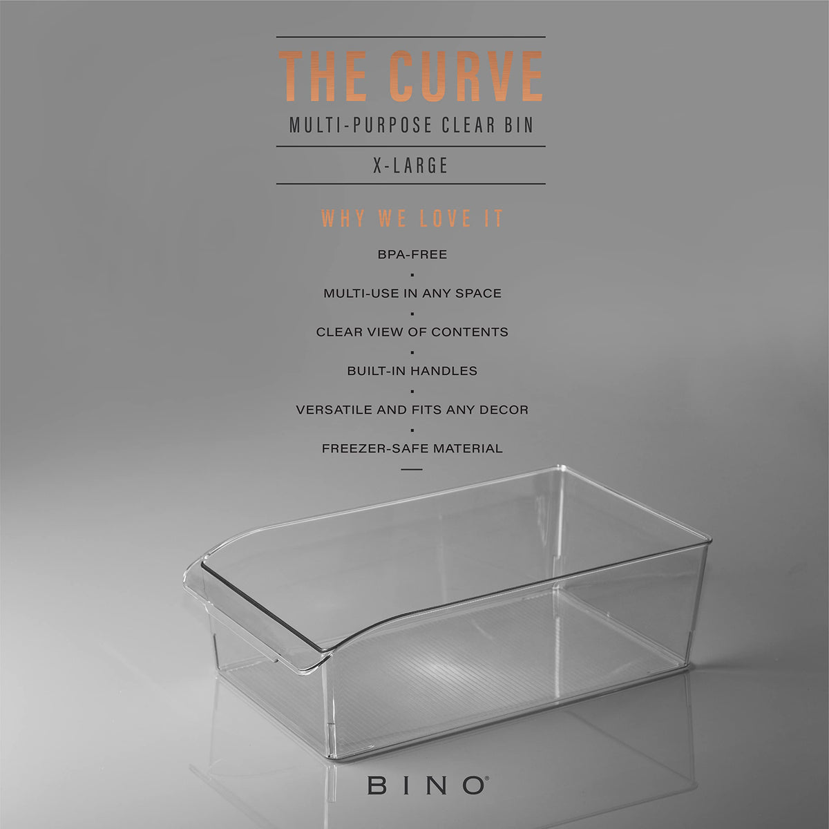 BINO Curve X-Large bin shows stackable design for organized fridge shelves.