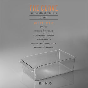 BINO Curve X-Large bin shows stackable design for organized fridge shelves.