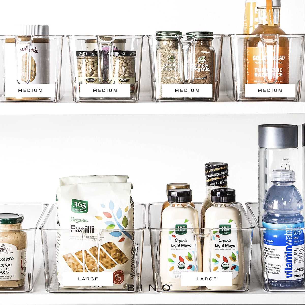 BINO easy-pull-out handle bin slides smoothly on shelves.
