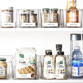 BINO easy-pull-out handle bin slides smoothly on shelves.