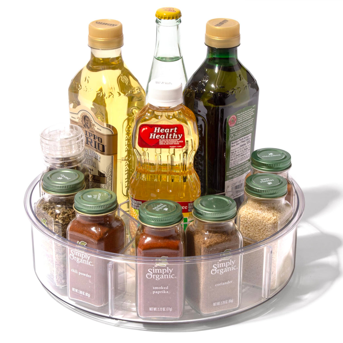 Kitchen counter organization with a compact, space-saving spinning design.