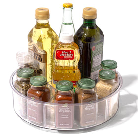 Kitchen counter organization with a compact, space-saving spinning design.