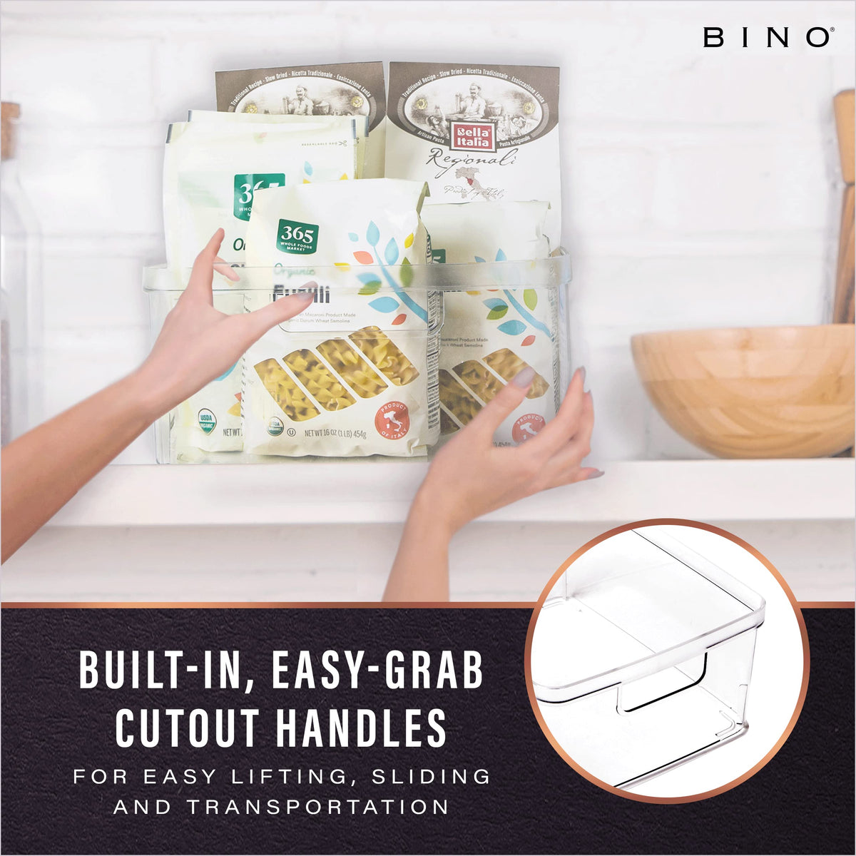 BINO Lucid Collection pantry storage bin helping tidy shelves and quick access.