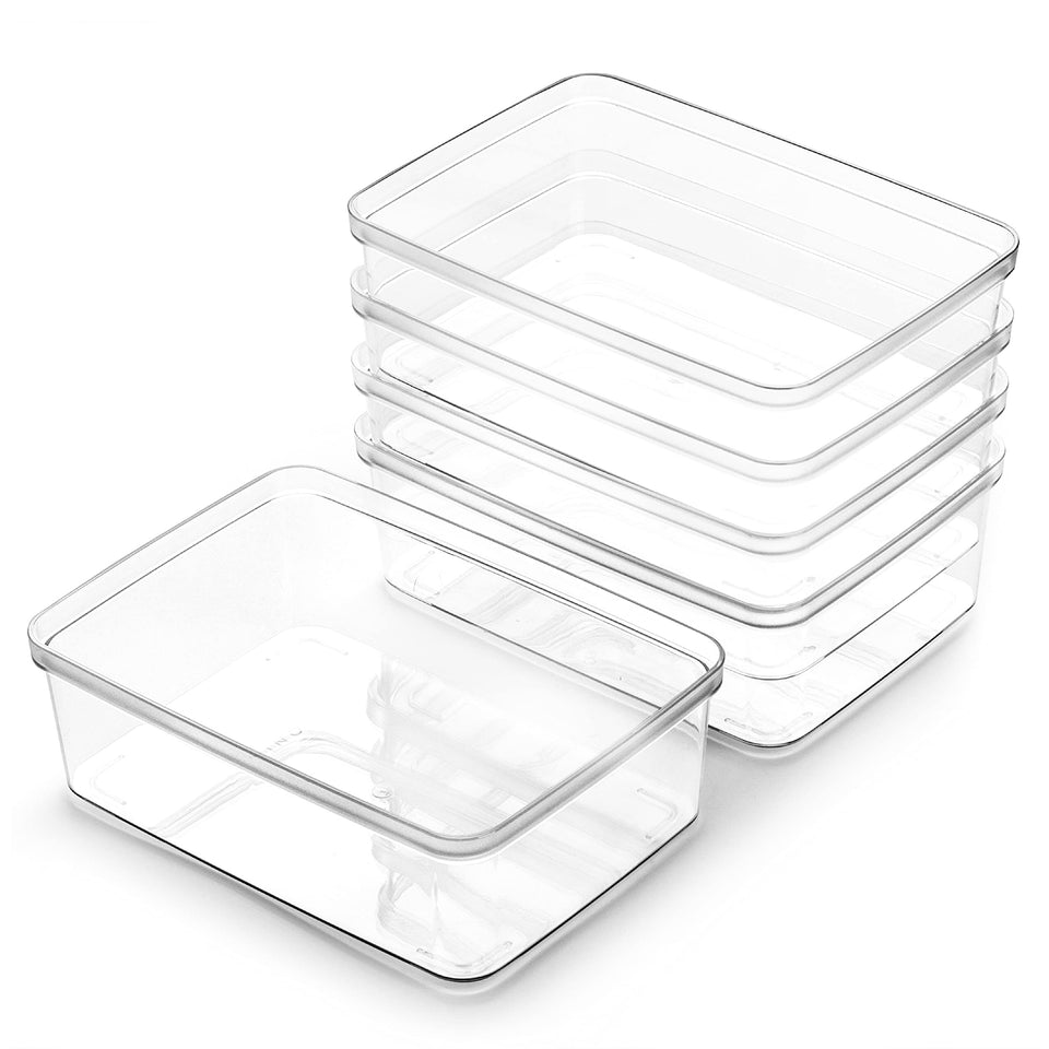 BINO Lucid X-Small bin front view shows BPA-free, clear design for quick item spotting
