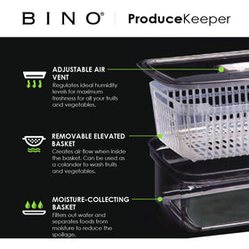 BINO Produce Saver removable basket drains excess water for crisper produce.