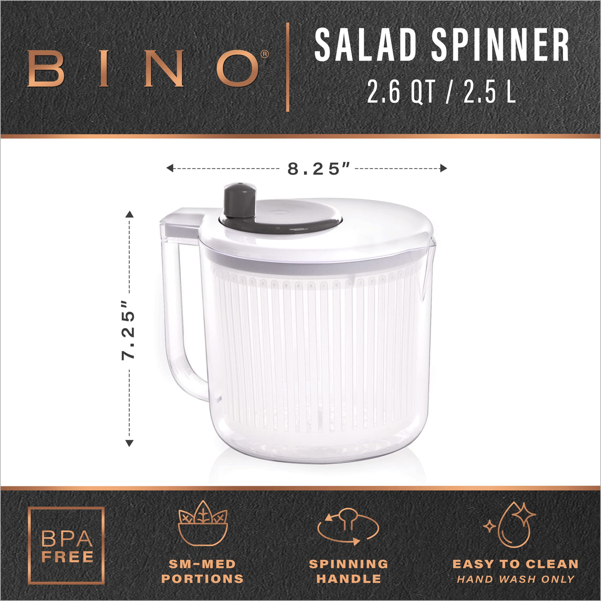 BINO salad spinner built-in drain system enables easy water removal.