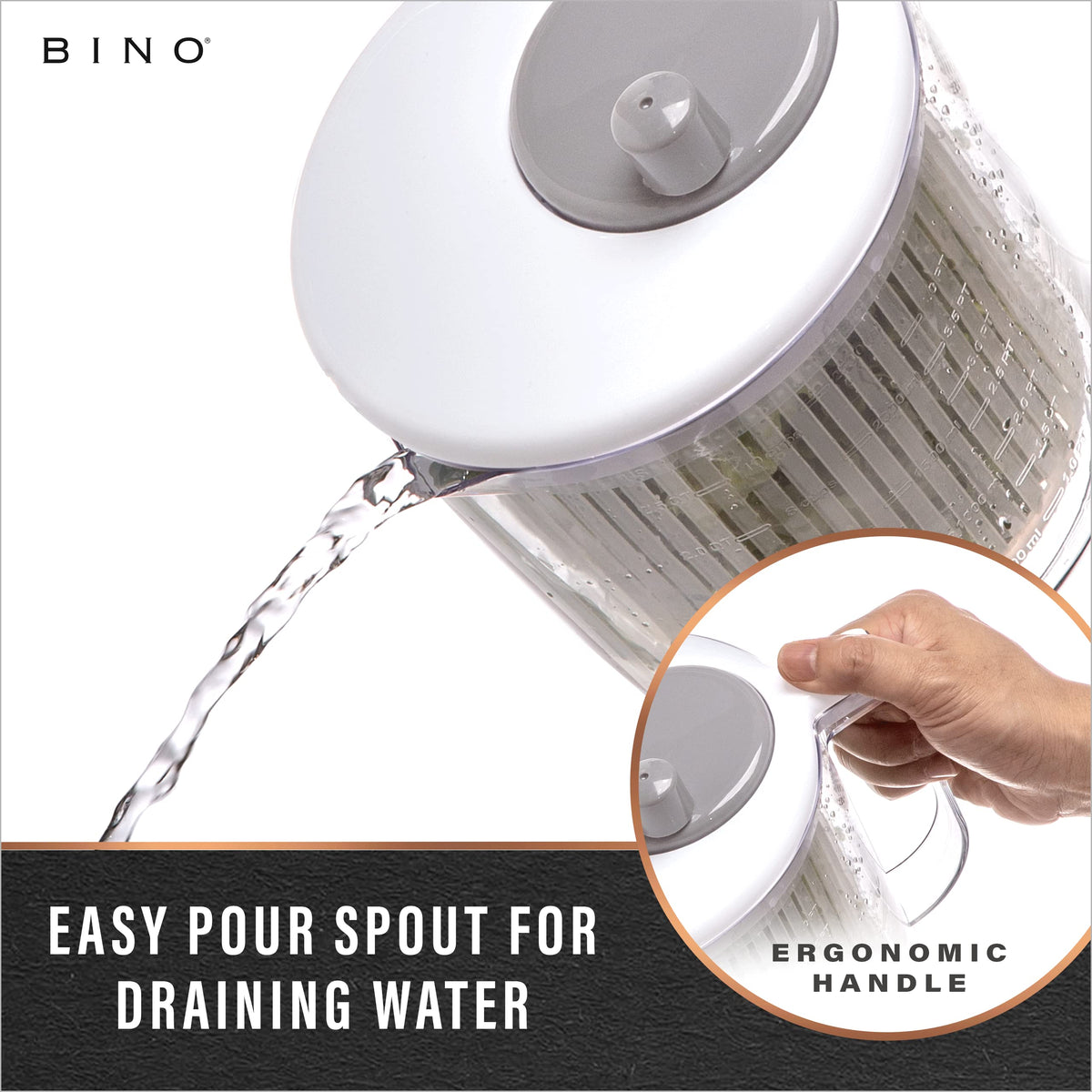 BINO salad spinner measuring marks and spout for liquids.