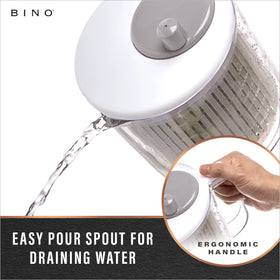 BINO salad spinner measuring marks and spout for liquids.