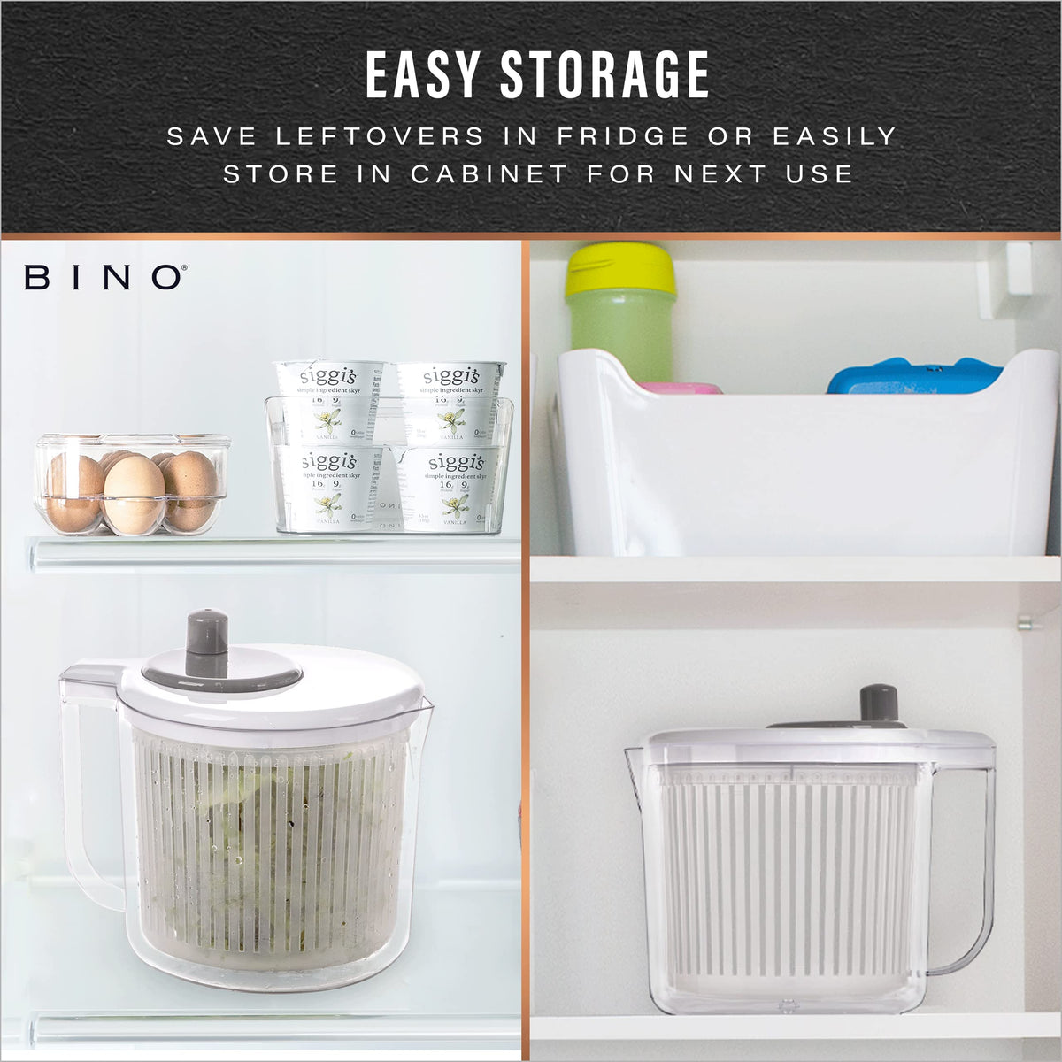 BINO salad spinner versatile tool for washing herbs and greens.