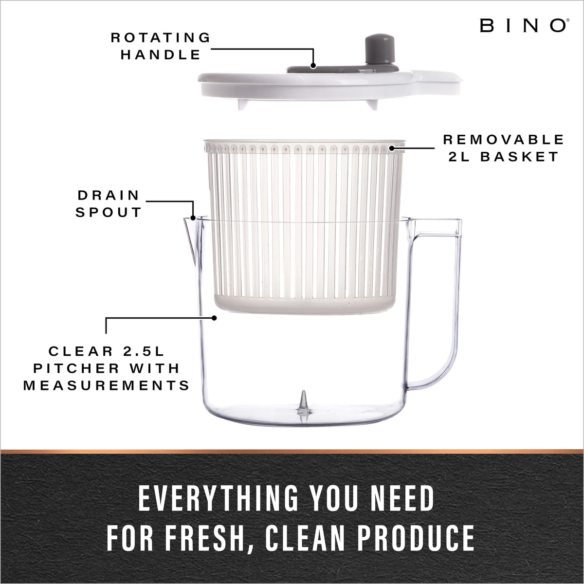 BINO salad spinner removable basket doubles as a colander.
