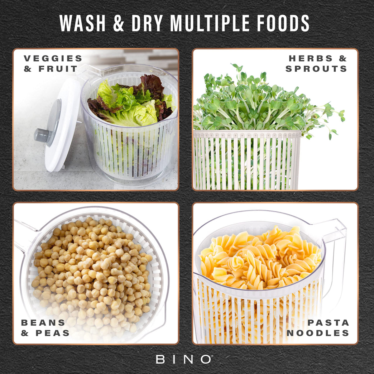BINO salad spinner pour spout doubles as a water pitcher.