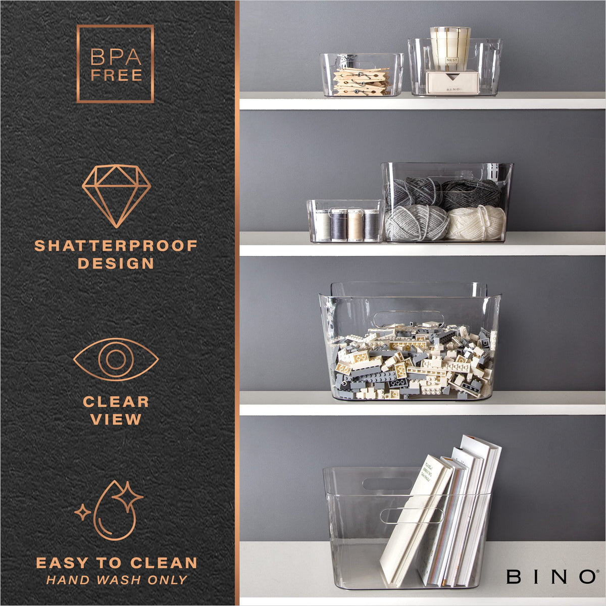 BINO kitchen organizer bin in clear material keeps bottles visible