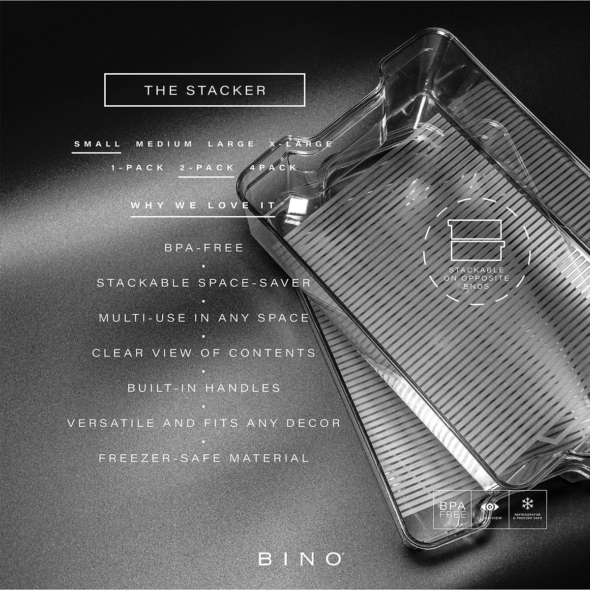 BINO small bin built-in handles shown stacked for easy lifting.