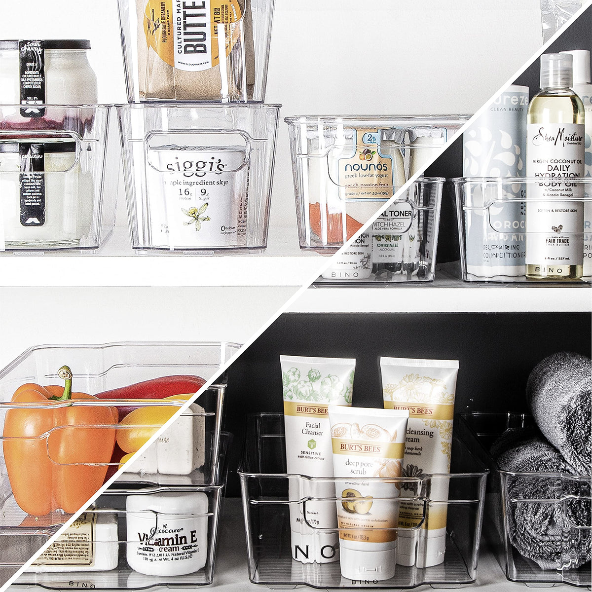 BINO pantry storage bin stores snack packs neatly for quick access.