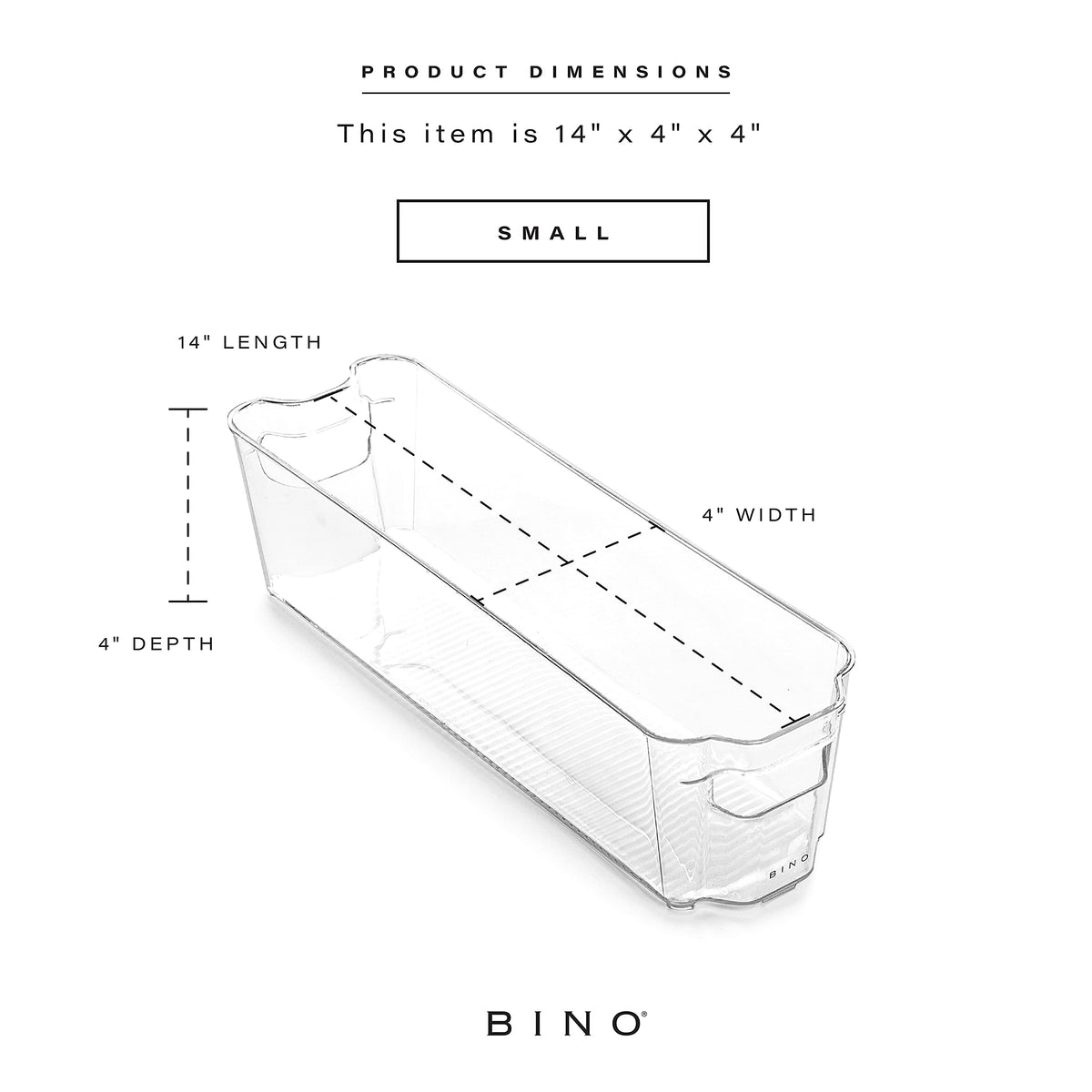 BINO clear stackable bin on shelf highlights space-saving design.